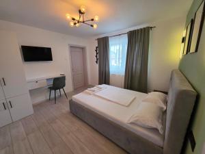 a bedroom with a bed and a desk and a television at Urban Nest in Călimăneşti