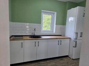 a kitchen with white cabinets and a white refrigerator at Urban Nest in Călimăneşti +20 photos