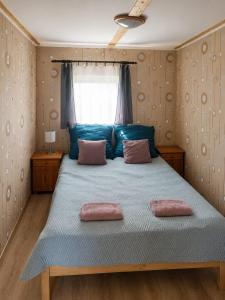 a bedroom with a large bed with two pillows on it at Domki POD ŚNIEŻNĄ in Marianówka