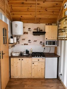 a small kitchen with wooden cabinets and a stove at Domki POD ŚNIEŻNĄ in Marianówka +13 photos