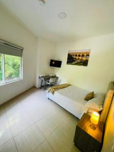 a bedroom with a bed and a desk in it at HOTEL ROMA VIp in Pereira