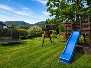 a playground with a blue slide in the grass at Domki POD ŚNIEŻNĄ in Marianówka