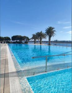 a large blue swimming pool with palm trees in the background at Esposende Garden in Esposende