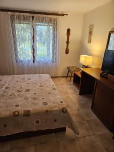 a bedroom with a bed and a desk and a television at Къщи за гости Кедър in Varna City