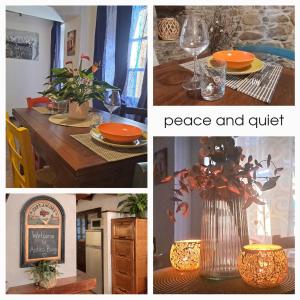 a collage of pictures of a dining room table with orange plates at Antico Borgo in Brugnato