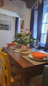 a wooden table with a plant on top of it at Antico Borgo in Brugnato