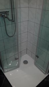 a bathroom with a shower with a glass door at Nordseeferienbungalow in Butjadingen +9 photos