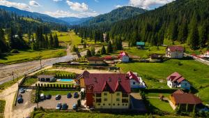 an aerial view of a house in the mountains at Pension Valeria in Voronet