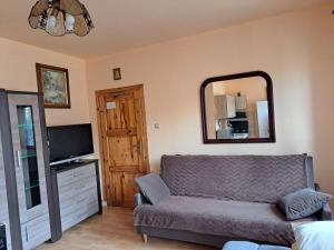 ein Wohnzimmer mit Sofa und Spiegel in der Unterkunft BIAŁA GĘś in Świnoujście