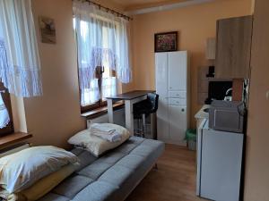 ein Wohnzimmer mit einer Couch und einem Schreibtisch in der Unterkunft BIAŁA GĘś in Świnoujście