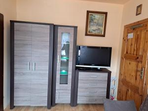 ein Wohnzimmer mit einem Entertainment-Center mit Fernseher und Entertainment-Center in der Unterkunft BIAŁA GĘś in Świnoujście