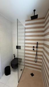 a bathroom with a shower and a black toilet at Naxian Roots in Galini
