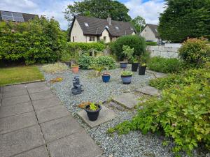 a garden with plants and potted plants in a yard at Hillend Self-Catering in Portree