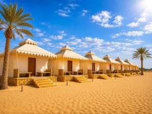 a row of buildings in the desert with a palm tree at Desert Popular Resort & Camp in Jaisalmer