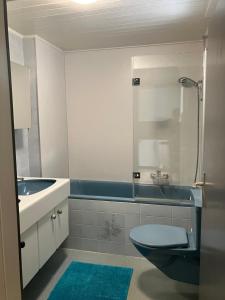 a bathroom with a blue toilet and a sink at La Lanterne in Sierre +14 photos