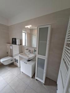 a bathroom with a sink and a toilet and a mirror at Apartment Villa Brieselang in Brieselang