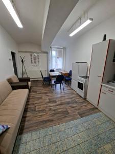 a living room with a couch and a table with chairs at Byt v okresu Děčin in Dolní Habartice