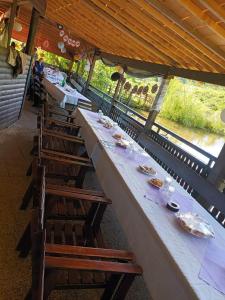 a long table with plates of food on it at Hiška Nika in Malečnik