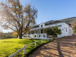 a white house with a tree and a fence at Goedgedacht Farm in Malmesbury