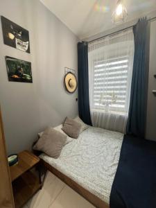 a small bedroom with a bed and a window at Apartament nad rzeką in Głuszyca