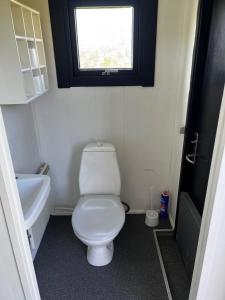 ein kleines Badezimmer mit Toilette und Fenster in der Unterkunft The Crows Nest in Hirtshals
