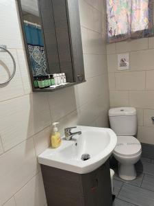 a bathroom with a sink and a toilet and a mirror at Eutyxia House in Gaios Walk to Center & Beaches in Gaios +32 photos