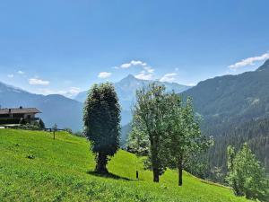 two trees on a green hill with mountains in the background at Apartment Eben by Interhome in Hippach