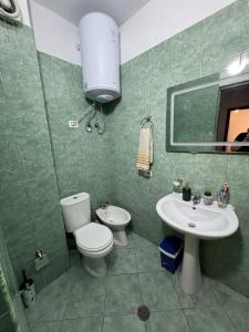 a bathroom with a toilet and a sink and a mirror at Apartament Yzberish in Tirane