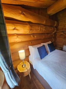 a bedroom with a bed in a log cabin at Mountain Edge Resort Lodge 2 with Hot Tub in Church Stretton