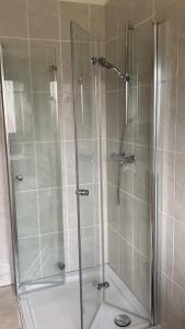 a shower with a glass door in a bathroom at Ferienwohnung Breininger in Lemberg