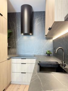 a kitchen with a stainless steel sink and a black hood at Apartament Stara Fabryka 32 in Włocławek +17 photos