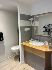 a bathroom with a sink and a toilet and a mirror at Hotel du Golf de Clécy in Clécy