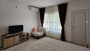a living room with a tv and a chair and a window at Душковата къща in Chekhlare +8 photos