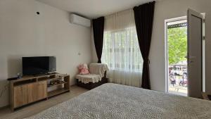a bedroom with a bed and a tv and a window at Душковата къща in Chekhlare