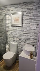 a bathroom with a white toilet and a sink at Casas Martinho - Algares in Piódão +17 photos