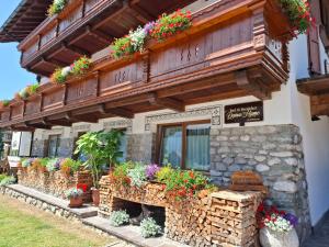 a building with potted plants and flowers on it at B&B Daina Hame in Sappada