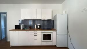 a kitchen with white cabinets and a refrigerator at Apartmani Alexa 2 in Brist