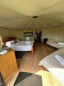 a bedroom with two beds in a tent at Old Dairy Farm Glamping in Emsworth