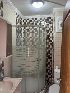 a bathroom with a shower with a sink and a toilet at VAN SERHAT Pansiyon in Ipekyolu +27 photos
