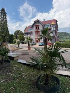 a large building with palm trees in front of it at Hotel Markgräfler Hof in Badenweiler