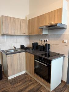 a kitchen with a sink and a stove top oven at Apartmán Pardubice 4 in Pardubice