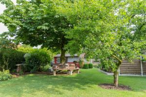 a yard with a tree and a house at Ferienwohnung Am Walde 35177 in Hesel