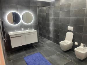 a bathroom with a toilet and a sink and mirrors at Apartmen Emina 1 in Doglodi