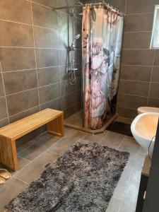 a bathroom with a shower with a bench and a shower curtain at Haus Sissi in Daun +51 photos