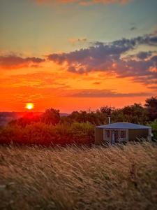 a small building in a field with the sunset in the background at Yurt Ash tree in Saint Briavels