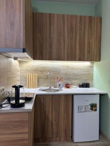 a small kitchen with a sink and a dishwasher at Corner house in Kobuleti