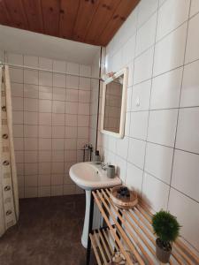 a bathroom with a sink and a mirror at Lerios in Vrachonisída Savoúra