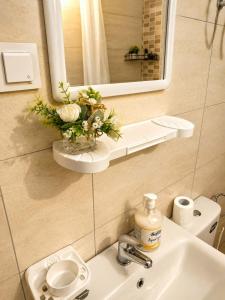 a bathroom sink with a mirror and flowers on a shelf at Tetins'Apartmens in Trpejca