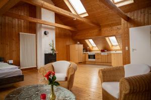 a living room with wooden walls and ceilings with skylights at Michlhof in Oberostendorf