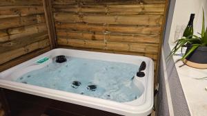 a jacuzzi tub in a bathroom with a wooden wall at Résidence L'Hermitière, CADRE VERDOYANT-FONCTIONNEL-GRAND CONFORT-PARKING WIFI GRATUIT in Saint-Même-le-Tenu +44 photos